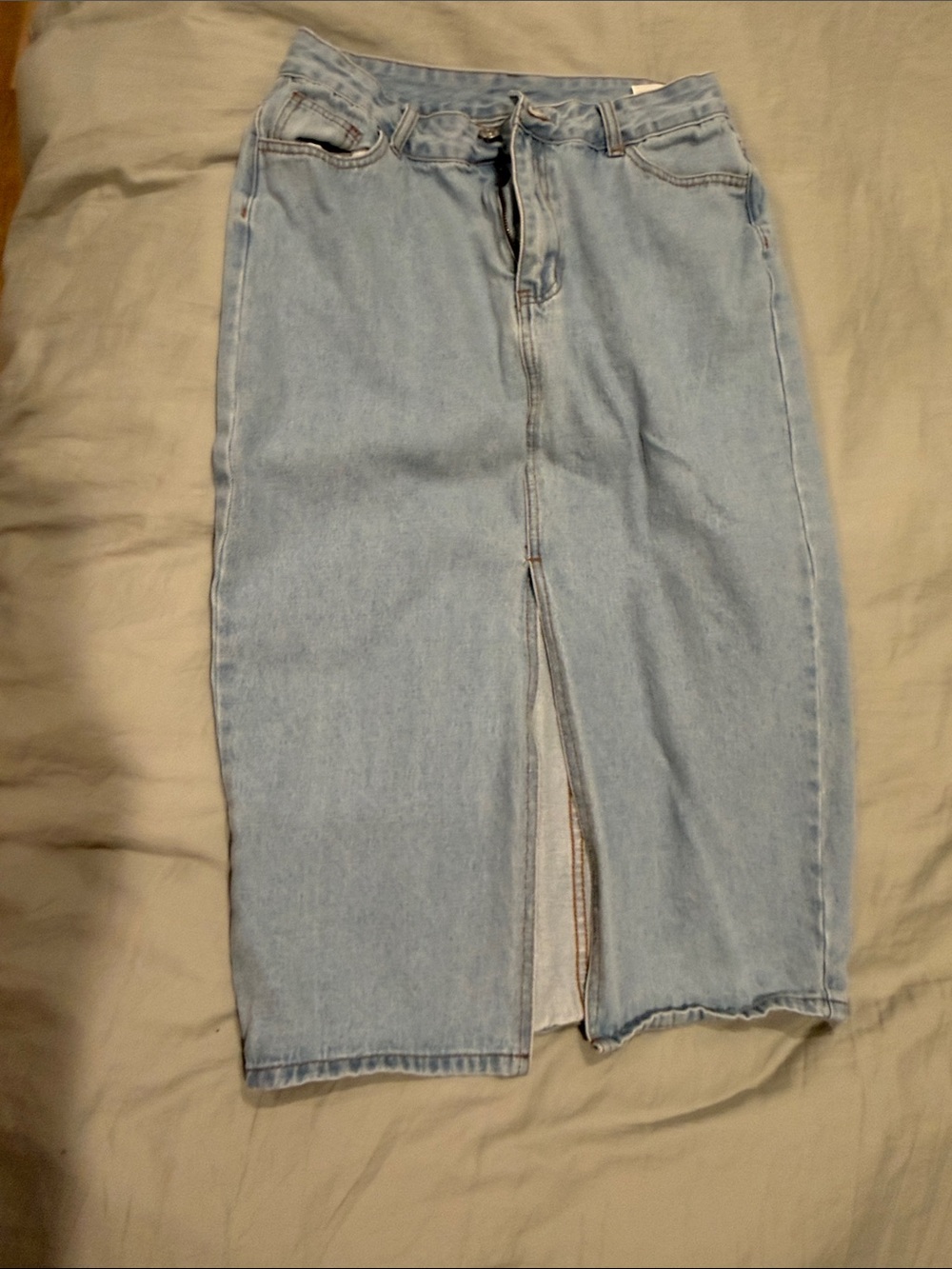 F5 SHEIN Light Blue Denim Midi Skirt with Front Slit